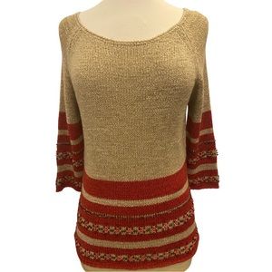 AUGUST SILK vintage beaded sweater wide scoop neck beige red with wooden beads